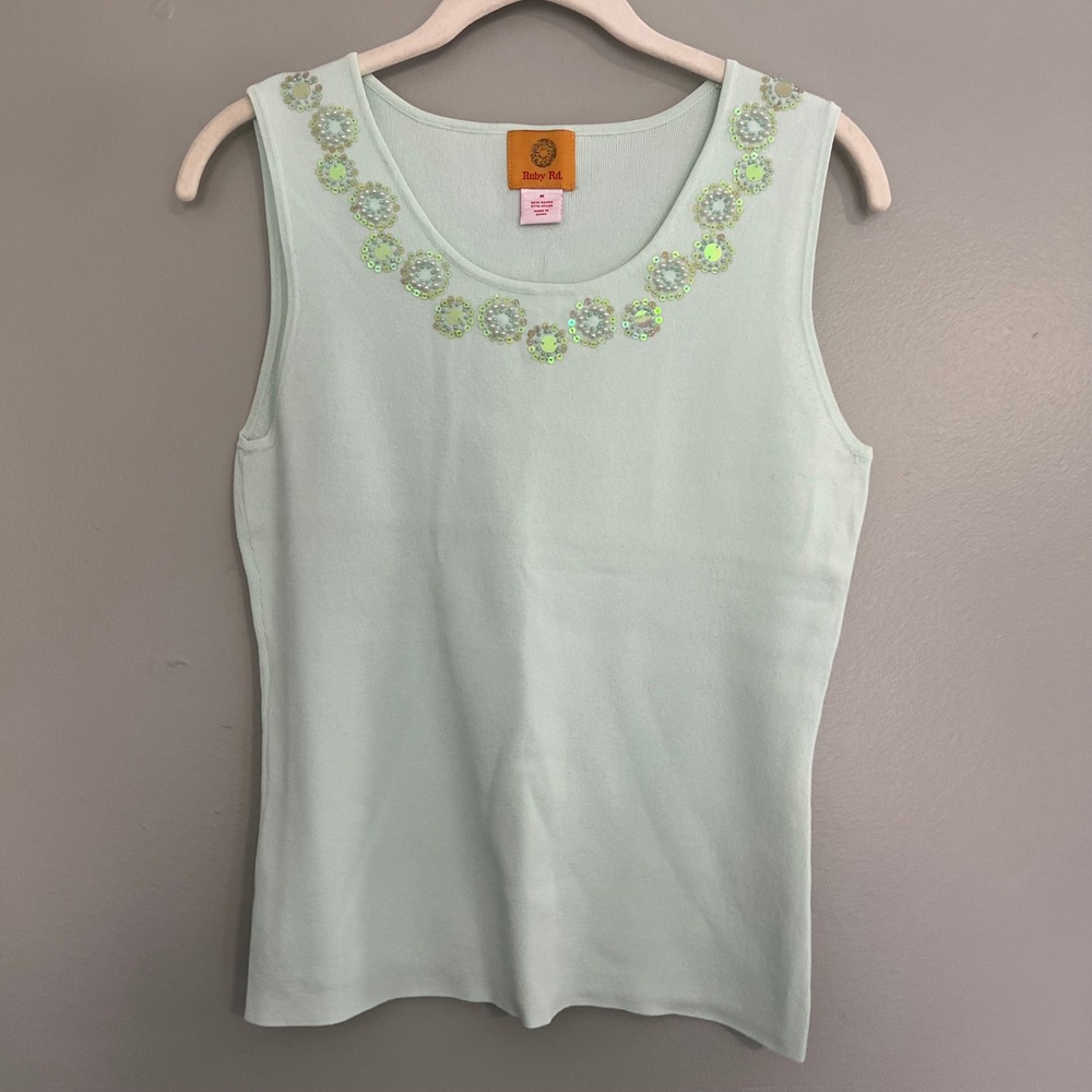 Ruby Rd Mint Green Sequined neckline beaded‎ Sleeveless Medium coastal grandma
